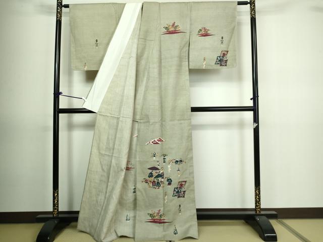 平和屋着物▽訪問着 単衣 紬地 型染め 人物文 正絹 逸品 DAAV9722sf