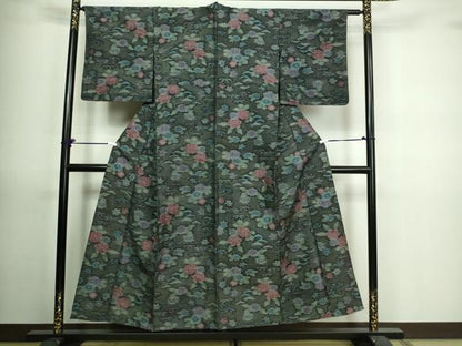 平和屋着物▽上質な紬 単衣 草花文 正絹 逸品 DAAV9727sf