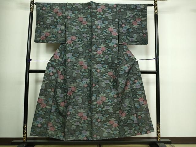 平和屋着物▽上質な紬 単衣 草花文 正絹 逸品 DAAV9727sf