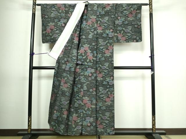 平和屋着物▽上質な紬 単衣 草花文 正絹 逸品 DAAV9727sf
