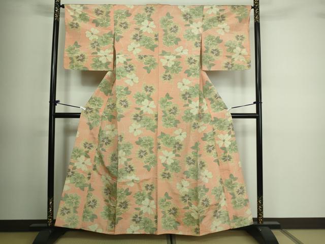 平和屋着物▽上質な紬　単衣　舞花文　正絹　逸品　DAAV9731sf