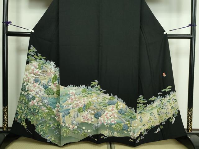 平和屋着物▽豪華黒留袖 単衣 友禅 作家物 風景草花文 正絹 逸品 DAAV9750sf