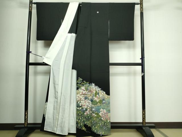 平和屋着物▽豪華黒留袖 単衣 友禅 作家物 風景草花文 正絹 逸品 DAAV9750sf