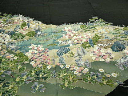 平和屋着物▽豪華黒留袖 単衣 友禅 作家物 風景草花文 正絹 逸品 DAAV9750sf