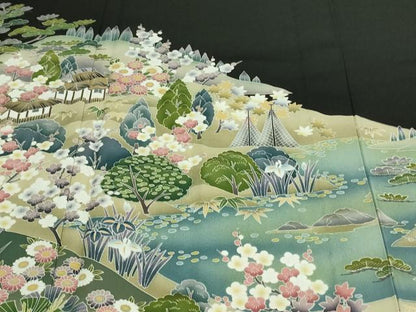 平和屋着物▽豪華黒留袖 単衣 友禅 作家物 風景草花文 正絹 逸品 DAAV9750sf