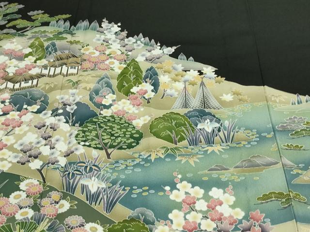 平和屋着物▽豪華黒留袖 単衣 友禅 作家物 風景草花文 正絹 逸品 DAAV9750sf