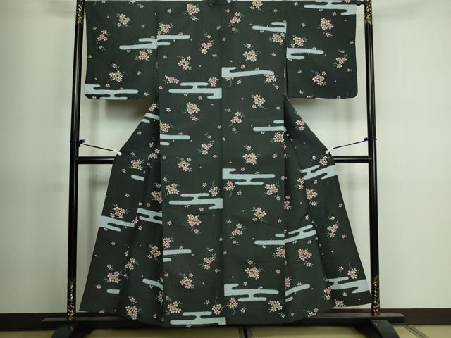 平和屋着物▽小紋　単衣　霞草花文　黒地　洗える着物　DAAV9754sf
