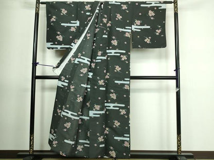 平和屋着物▽小紋　単衣　霞草花文　黒地　洗える着物　DAAV9754sf