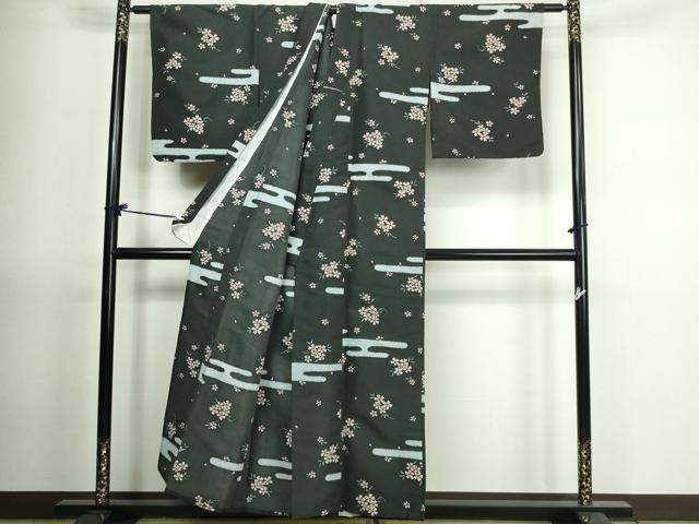 平和屋着物▽小紋　単衣　霞草花文　黒地　洗える着物　DAAV9754sf