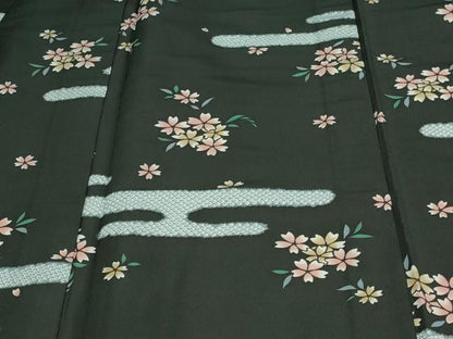 平和屋着物▽小紋　単衣　霞草花文　黒地　洗える着物　DAAV9754sf