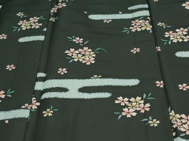 平和屋着物▽小紋　単衣　霞草花文　黒地　洗える着物　DAAV9754sf