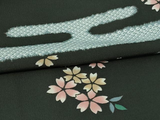 平和屋着物▽小紋　単衣　霞草花文　黒地　洗える着物　DAAV9754sf