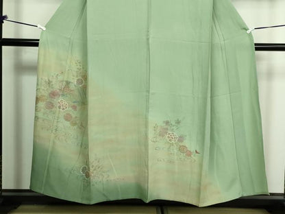 平和屋着物▽中国三大刺繍　汕頭刺繍　スワトウ刺繍　総刺繍　訪問着　単衣　流水草花文　暈し染め　正絹　逸品　DAAV9768sf