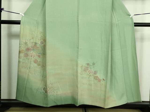 平和屋着物▽中国三大刺繍　汕頭刺繍　スワトウ刺繍　総刺繍　訪問着　単衣　流水草花文　暈し染め　正絹　逸品　DAAV9768sf