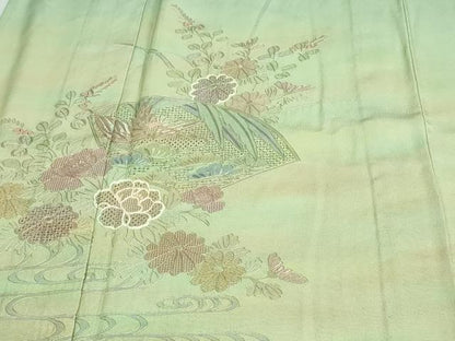 平和屋着物▽中国三大刺繍　汕頭刺繍　スワトウ刺繍　総刺繍　訪問着　単衣　流水草花文　暈し染め　正絹　逸品　DAAV9768sf