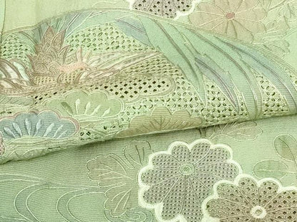 平和屋着物▽中国三大刺繍　汕頭刺繍　スワトウ刺繍　総刺繍　訪問着　単衣　流水草花文　暈し染め　正絹　逸品　DAAV9768sf