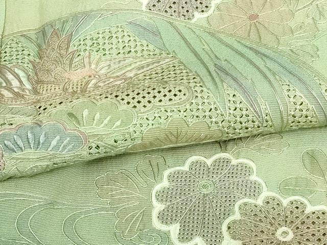 平和屋着物▽中国三大刺繍　汕頭刺繍　スワトウ刺繍　総刺繍　訪問着　単衣　流水草花文　暈し染め　正絹　逸品　DAAV9768sf