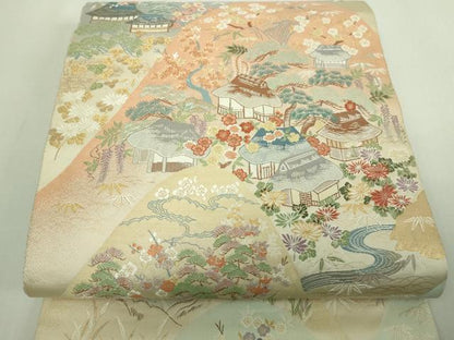 平和屋着物▼六通柄袋帯 唐織 風景草花文 金糸 正絹 逸品 DAAV9790sf