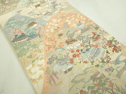 平和屋着物▼六通柄袋帯 唐織 風景草花文 金糸 正絹 逸品 DAAV9790sf