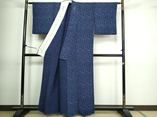 平和屋着物▽上質な小紋 単衣 藍 型染め 花唐草文 鬼しぼ縮緬 正絹 逸品 DAAV9864sf
