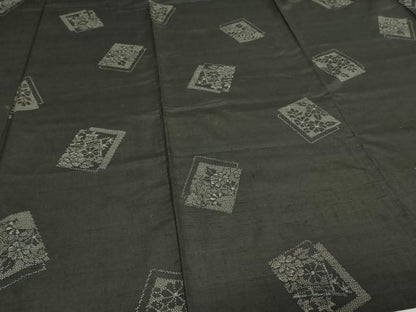 平和屋着物▽上質な紬 単衣 草花文 黒地 正絹 逸品 DAAV9873sf