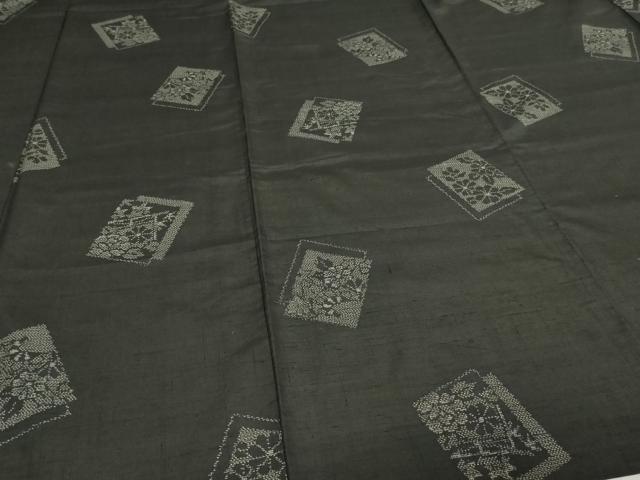 平和屋着物▽上質な紬 単衣 草花文 黒地 正絹 逸品 DAAV9873sf