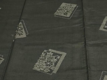 平和屋着物▽上質な紬 単衣 草花文 黒地 正絹 逸品 DAAV9873sf