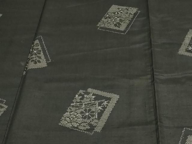 平和屋着物▽上質な紬 単衣 草花文 黒地 正絹 逸品 DAAV9873sf