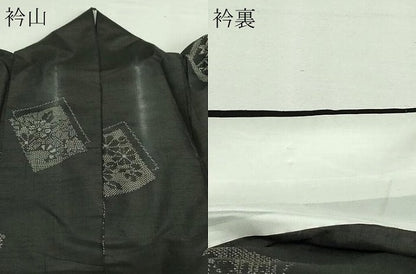 平和屋着物▽上質な紬 単衣 草花文 黒地 正絹 逸品 DAAV9873sf