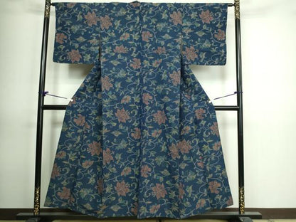 平和屋着物▽上質な紬 単衣 更紗花文 正絹 逸品 DAAV9874sf