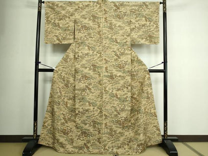 平和屋着物▽上質な小紋 単衣 紬地 風景草花文 正絹 逸品 DAAV9919sf