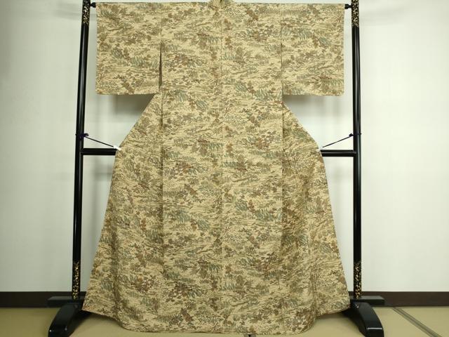 平和屋着物▽上質な小紋 単衣 紬地 風景草花文 正絹 逸品 DAAV9919sf