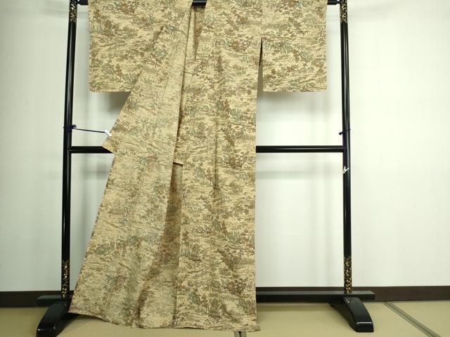 平和屋着物▽上質な小紋 単衣 紬地 風景草花文 正絹 逸品 DAAV9919sf