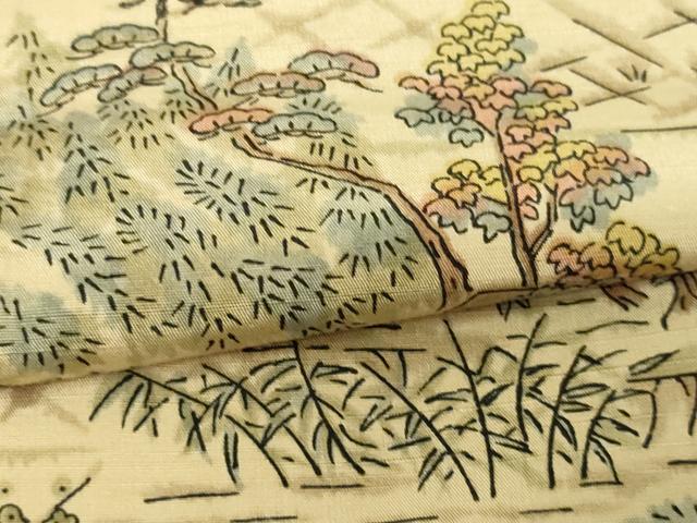 平和屋着物▽上質な小紋 単衣 紬地 風景草花文 正絹 逸品 DAAV9919sf