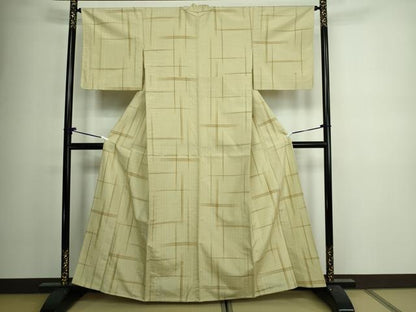 平和屋着物▽上質な紬　単衣　格子　正絹　逸品　DAAV9921sf