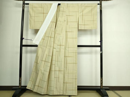平和屋着物▽上質な紬　単衣　格子　正絹　逸品　DAAV9921sf