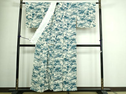 平和屋着物▽上質な小紋 単衣 本藍 型絵染 草花文 正絹 逸品 DAAV9926sf