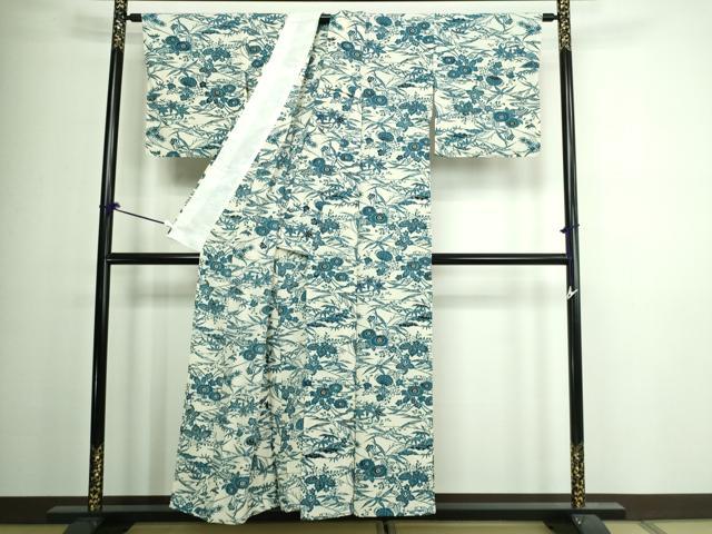 平和屋着物▽上質な小紋 単衣 本藍 型絵染 草花文 正絹 逸品 DAAV9926sf