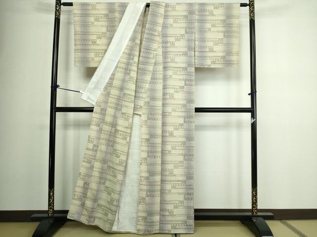平和屋着物▽上質な紬 単衣 横段文 正絹 逸品 DAAV9929sf