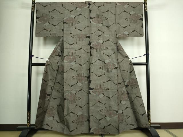 平和屋着物▽本場大島紬 単衣 9マルキ 幾何学花文 正絹 逸品 DAAV9942sf