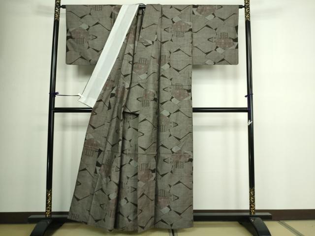 平和屋着物▽本場大島紬 単衣 9マルキ 幾何学花文 正絹 逸品 DAAV9942sf