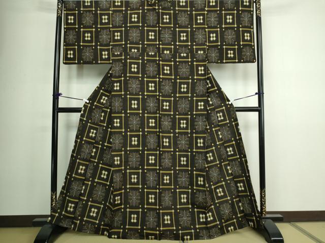 平和屋着物▽上質な紬　単衣　格子　正絹　逸品　DAAV9945sf