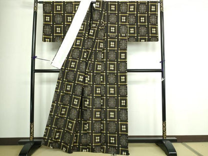 平和屋着物▽上質な紬　単衣　格子　正絹　逸品　DAAV9945sf