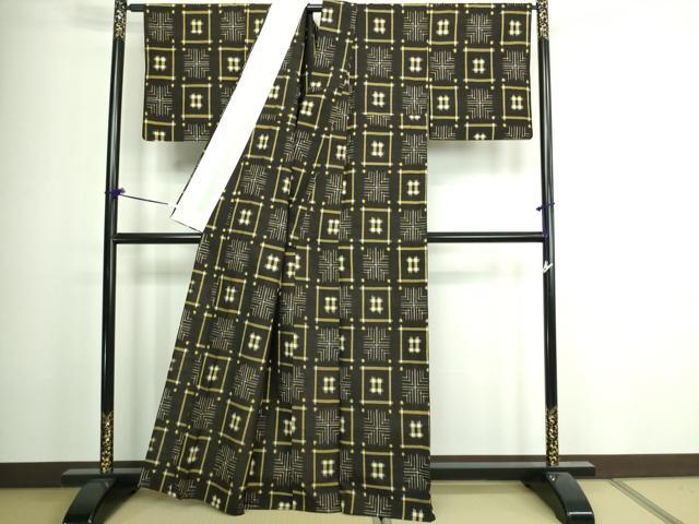 平和屋着物▽上質な紬　単衣　格子　正絹　逸品　DAAV9945sf