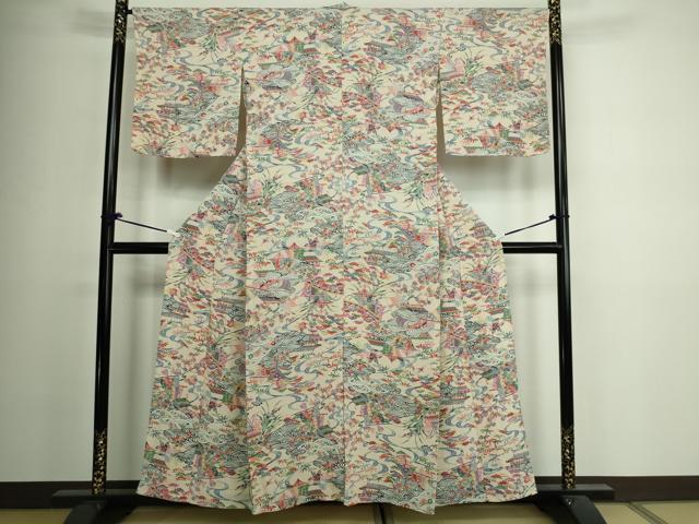 平和屋着物▽上質な小紋 単衣 型染め 風景文 鬼しぼ縮緬 正絹 逸品 DAAV9955sf