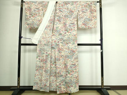 平和屋着物▽上質な小紋 単衣 型染め 風景文 鬼しぼ縮緬 正絹 逸品 DAAV9955sf