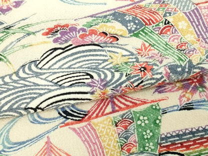 平和屋着物▽上質な小紋 単衣 型染め 風景文 鬼しぼ縮緬 正絹 逸品 DAAV9955sf