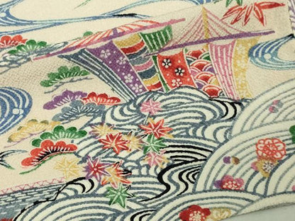 平和屋着物▽上質な小紋 単衣 型染め 風景文 鬼しぼ縮緬 正絹 逸品 DAAV9955sf