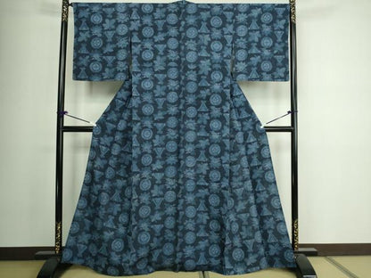 平和屋着物▽上質な紬 単衣 型染め 草花文 正絹 逸品 DAAV9956sf