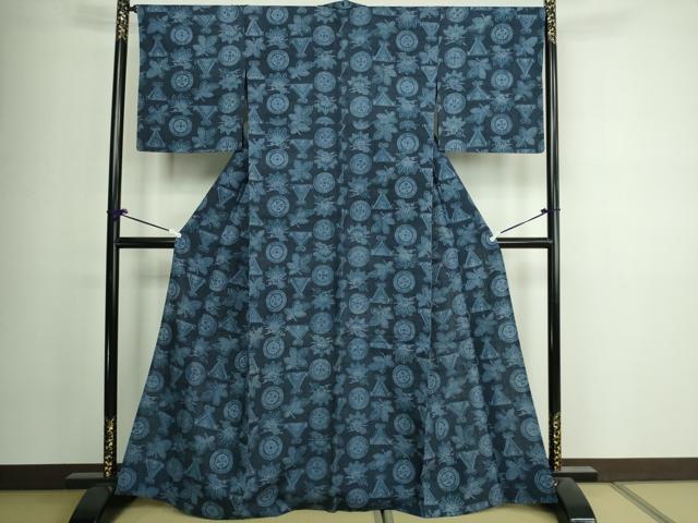 平和屋着物▽上質な紬 単衣 型染め 草花文 正絹 逸品 DAAV9956sf